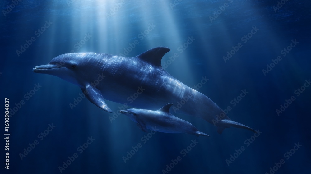 Fototapeta premium A serene underwater scene featuring a dolphin swimming gracefully with its young. Soft rays of light penetrate the ocean, enhancing the tranquil atmosphere and beauty of marine life. AI