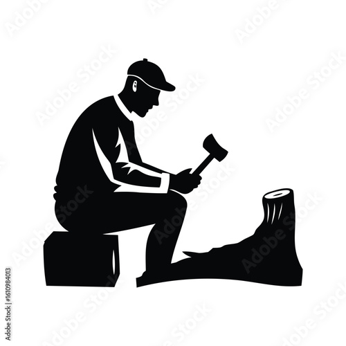 Monochrome image depicting a lumberjack resting after cutting down a tree