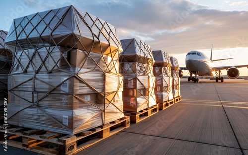 Cargo Packages Ready for Air Freight Transportation at Sunset