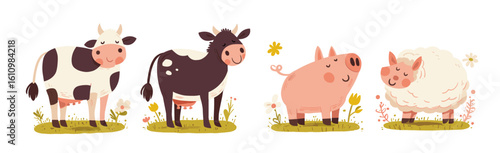 Cartoon cow set featuring farm animals including sheep and playful pig. Funny vector illustrations of piglets and dairy characters for children. Kawaii mascot designs for cheerful farmyard stickers.