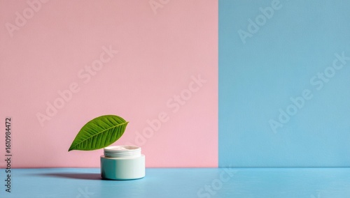 Light teal jar of cream with a vibrant green leaf above it on a pink and light blue background