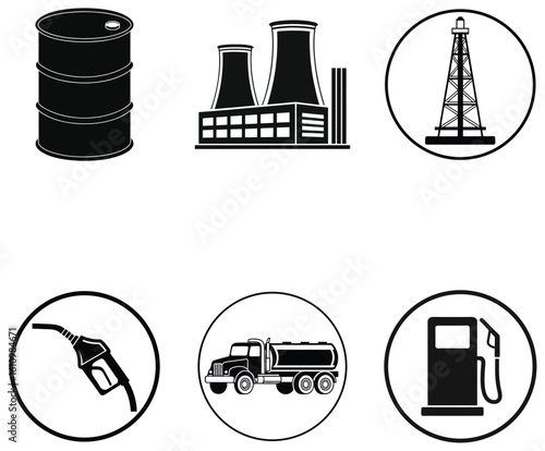 Black Vector Icons Representing Fossil Fuel Industry