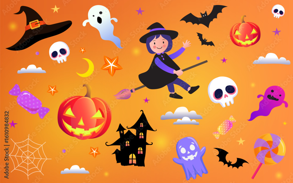 Fototapeta premium Colorful Halloween seamless pattern with a witch on a broomstick, haunted house, ghosts, and pumpkins on an orange background. Children's party decorations, festive wallpaper. Vector