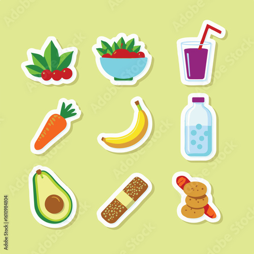 Healthy Food Vector Sticker Set – Fruits, Salad, Avocado, Smoothie, Water Bottle and Snack Bar (4)