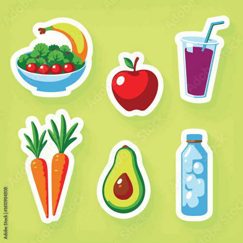 Healthy Food Vector Sticker Set – Fruits, Salad, Avocado, Smoothie, Water Bottle and Snack Bar (4)