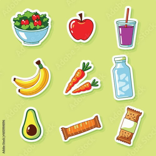 Healthy Food Vector Sticker Set – Fruits, Salad, Avocado, Smoothie, Water Bottle and Snack Bar (4)
