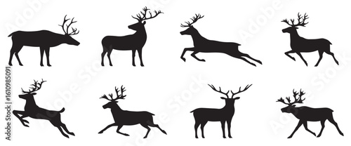 Set of deer silhouettes. Collection of standing, walking, sitting wild animals. Stag, buck, doe, and fawn icons for logos, hunting designs, or Christmas concepts. Vector illustration