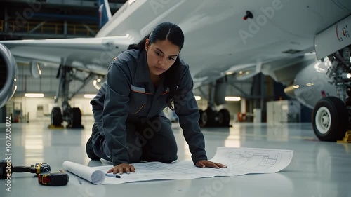 Preflight inspection of aircraft by a female technician under the fuselage inside the hangar