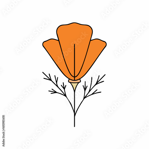 Stylized California Poppy Illustration with Black Outline and Delicate Foliage