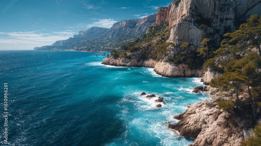 Fototapeta premium Stunning coastal view of rocky cliffs and vibrant blue water under a clear sky in a Mediterranean landscape