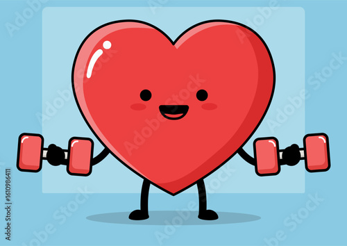 Cute heart character exercising with dumbbells. Strong heart for health and fitness promotion. Cardiovascular wellness concept for medical website.
