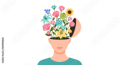 Creative vector illustration of a human head filled with vibrant flowers, symbolizing ideas, thoughts, and the beauty of the mind on a clean white background.