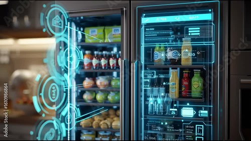 Detail view of a smart refrigerator touchscreen showing inventory, with IoT connectivity icons and glowing user interface elements
