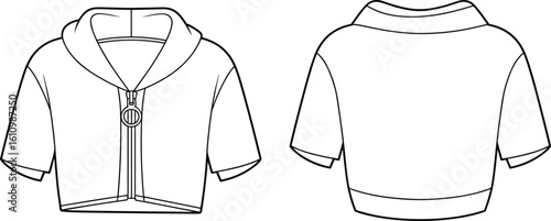 CAD drawing flat vector illustration of short sleeve hoodie, zipper closure, casual garment layout, front back views, fashion design sketchCAD drawing flat 