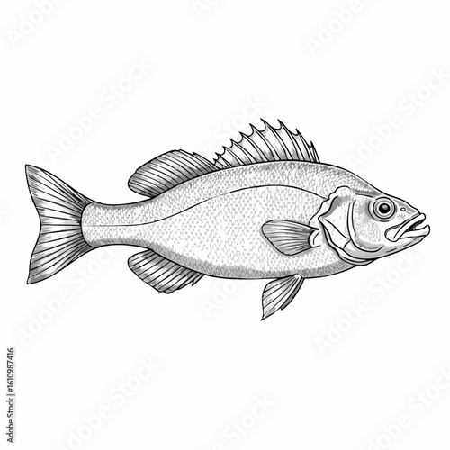Detailed Ink Drawing of a Fish, Side Profile View