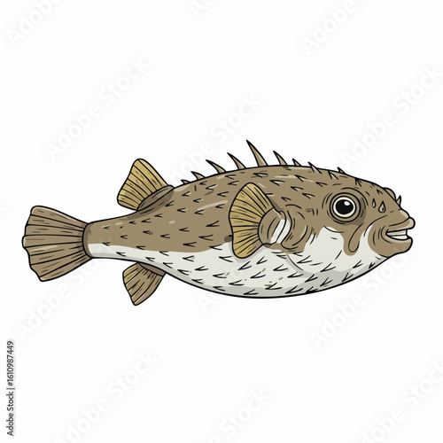 Cartoon Pufferfish with Spikes and Unique Markings, Side View