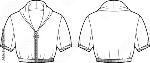 CAD drawing flat vector illustration of short sleeve hoodie, zipper front, pocket detail, casual stylish 