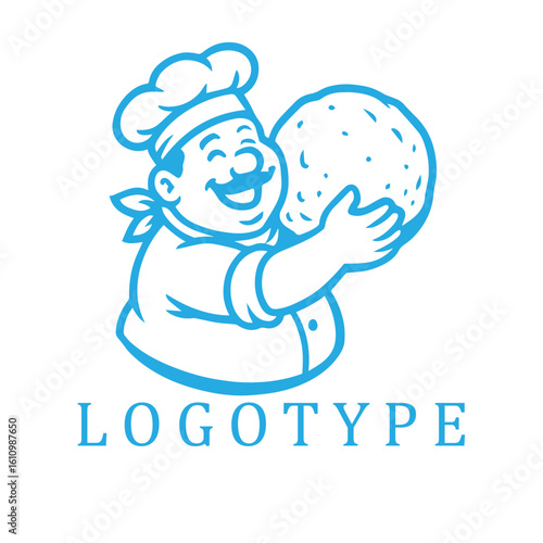 Chubby cartoon chef joyfully hugging a giant bakso in comic-style blue and white.