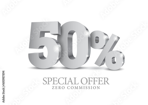 50% percent number in grey color. Fifty number in silver 3d. Poster template for discount, fifty percent sale discount, work progress. Vector illustration