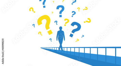 A blue silhouette walks a narrow bridge towards many question marks, symbolizing uncertainty and decision-making in life, business, or a challenging future path.