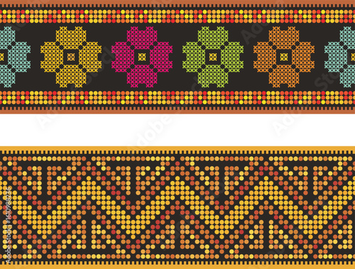 Slavic ornamental seamless frieze vector series. Authentic Bulgarian and Eastern European traditional decorative patterns of folk costumes, damasks, carpets. Balkan folklore embroidery motifs.