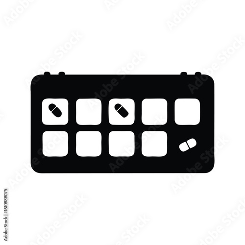 Simple illustration of a pill organizer with some pills visible inside