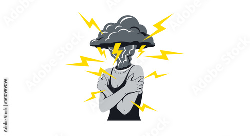 Person with stormy cloud and lightning bolts for a head, symbolizing stress, anxiety, or mental turmoil.
