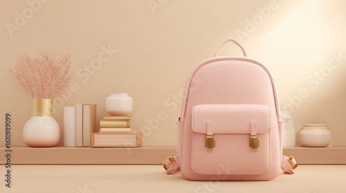Stylish pink backpack displayed on a minimalist shelf with decorative elements and soft lighting
