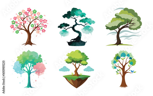 A Vector Six stylized seasonal trees; whimsical, vibrant illustration; spring, summer, autumn, winter, tropical, and cherry blossom themes. on white background 