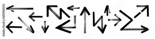 Rough vector arrow shapes, transparent background. Bold black brushstroke lines, paint texture, stencil graffiti form lightning bolts, abstract direction marks. Ink strokes, thick hand drawn arrows bg