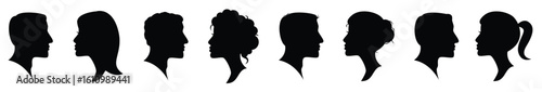 The illustration is a modern flat cartoon depiction of a human profile, showcasing black silhouettes of a man and woman's head against a white background with objects isolated, Silhouettes of a woman.