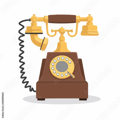 Vintage rotary phone with wooden base and golden accents  