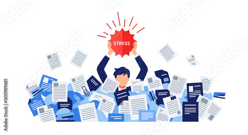 An overwhelmed businessman is buried under a mountain of paperwork, illustrating the concept of stress, pressure, and being swamped by too many tasks in a chaotic office setting.