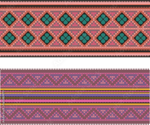 Slavic ornamental seamless frieze vector series. Authentic Bulgarian and Eastern European traditional decorative patterns of folk costumes, damasks, carpets. Balkan folklore embroidery motifs.