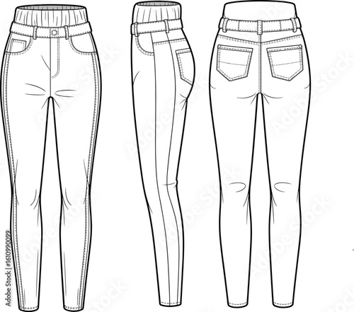CAD drawing flat vector illustration of skinny jeans, front side and back views, detailed stitching, fashion sketch layout, denim pants design, stylish garment template, apparel mockup