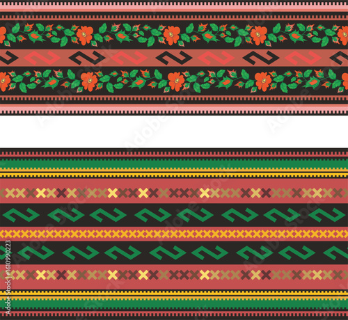 Slavic ornamental seamless frieze vector series. Authentic Bulgarian and Eastern European traditional decorative patterns of folk costumes, damasks, carpets. Balkan folklore embroidery motifs.