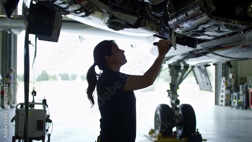 Preflight inspection by ground technician working under aircraft in maintenance hangar