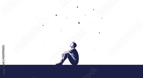 A pensive silhouette sits looking up at a few scattered stars, evoking feelings of hope and wonder in a clean, minimalist design.