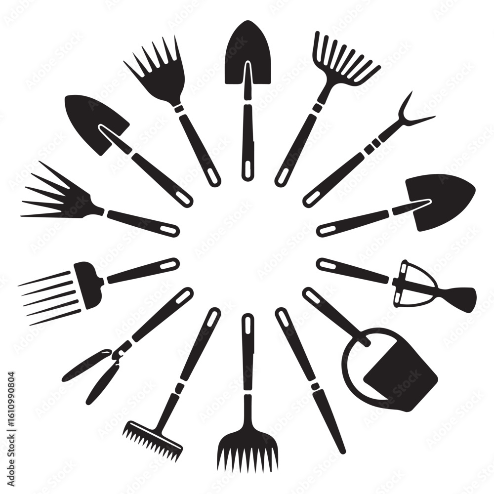 Fototapeta premium Black garden equipment icons collection