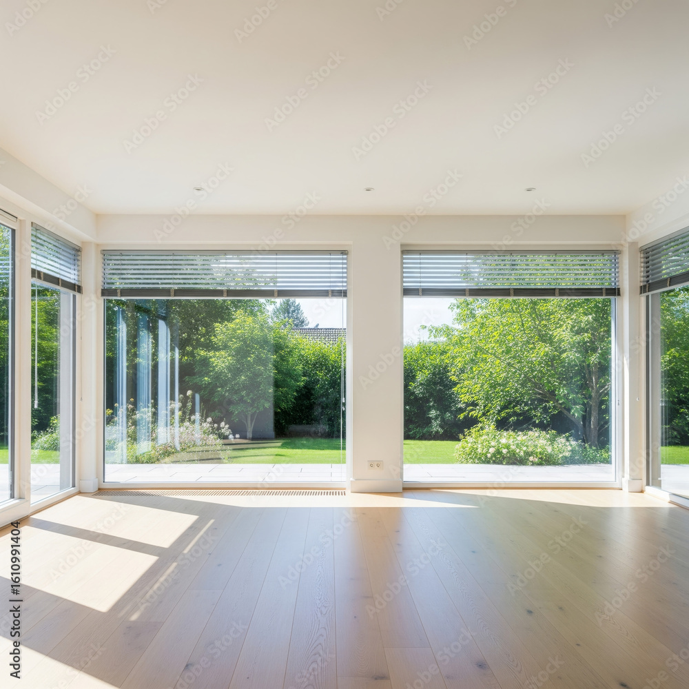 Fototapeta premium bright empty room with large windows and garden view