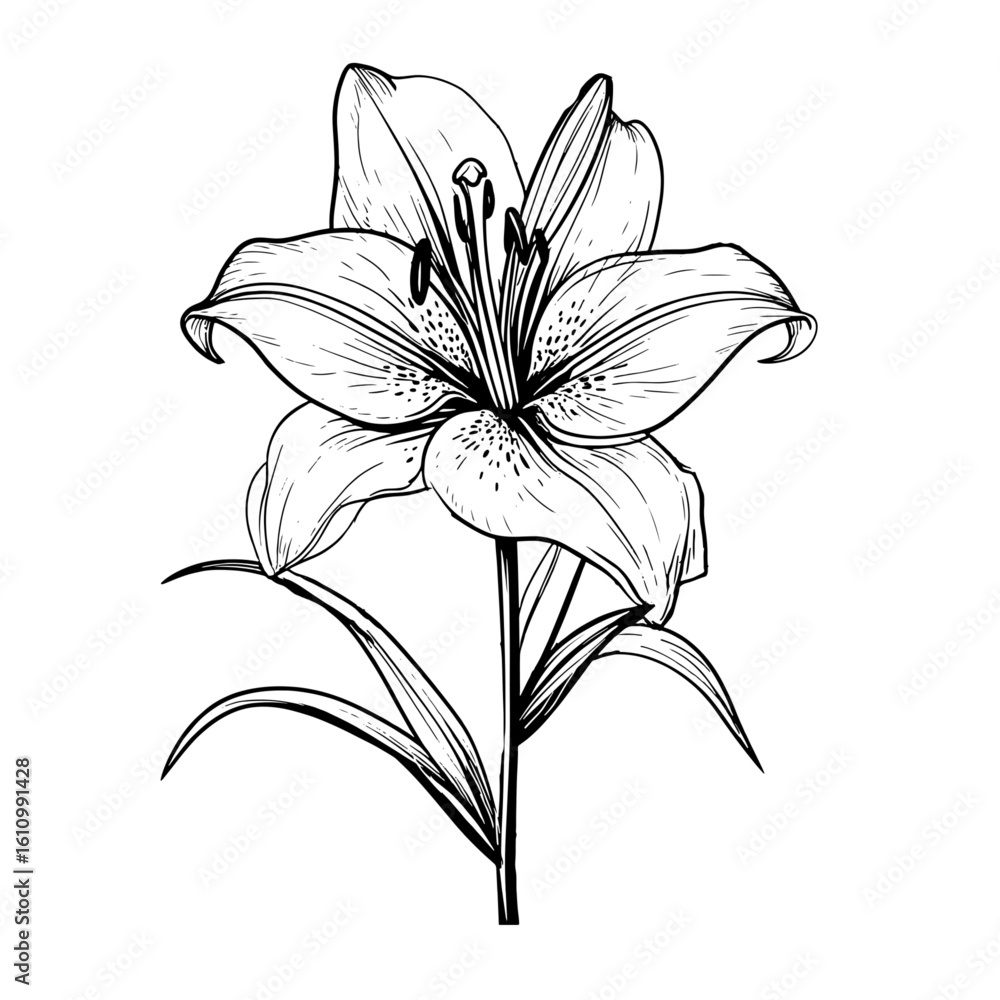 Obraz premium Lily flower with bud and leaves silhouette, black and white sketch. Vector illustration. Wildflowers, isolated on a white background. For decoration for birthday, wedding, postcards and invitations