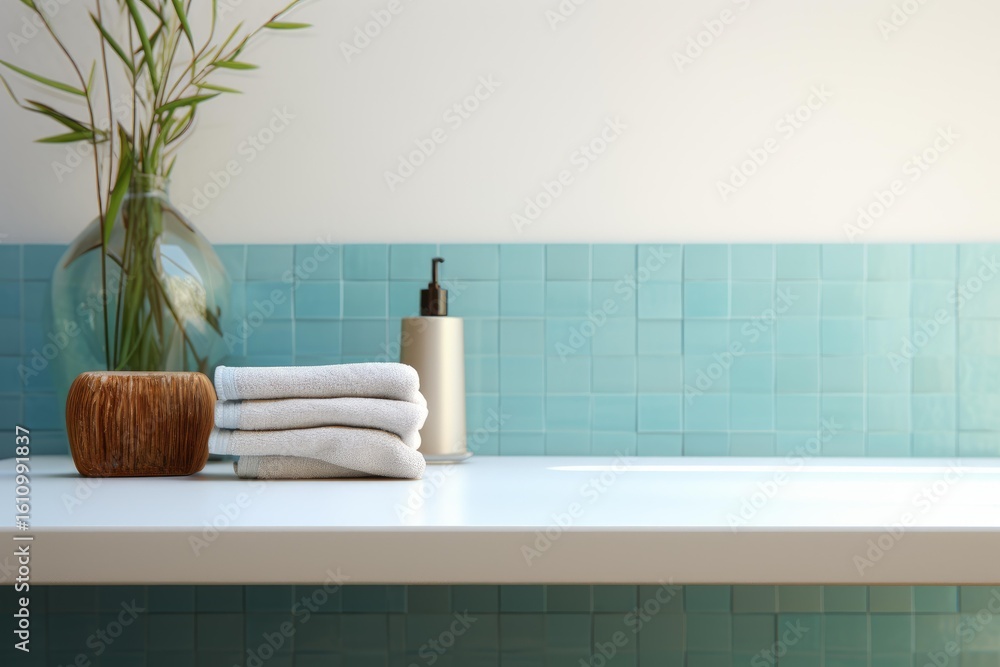 Fototapeta premium White towels are neatly folded on a bathroom shelf, complemented by a decorative plant and dispenser against a light blue tiled backdrop