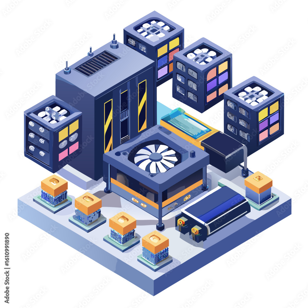 Fototapeta premium Isometric server room with cooling fans and data racks isolated on white background