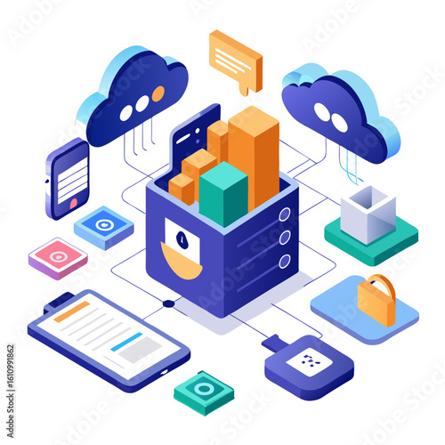 Cloud computing and data management isometric illustration isolated on white background