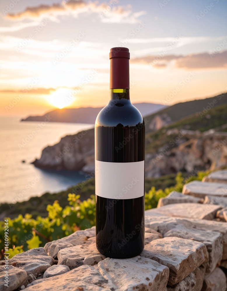 Fototapeta premium close up of a Wine Bottle at Sunset on Coastal Wall