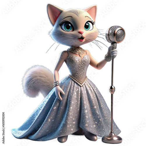 3D cat character in glamorous dress with rhinestones, holding a vintage mic