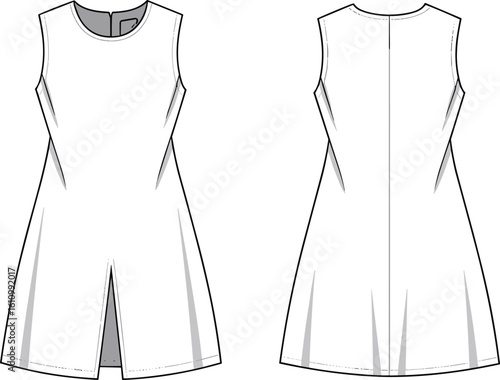 CAD drawing flat vector illustration of sleeveless dress, front and back view, center slit detail, back seam line, technical fashion sketch, garment design template, apparel mockup