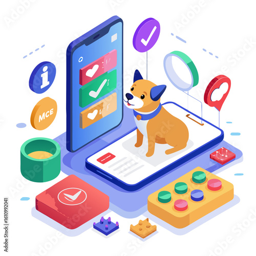 Cute dog interacting with mobile app elements isolated on white background