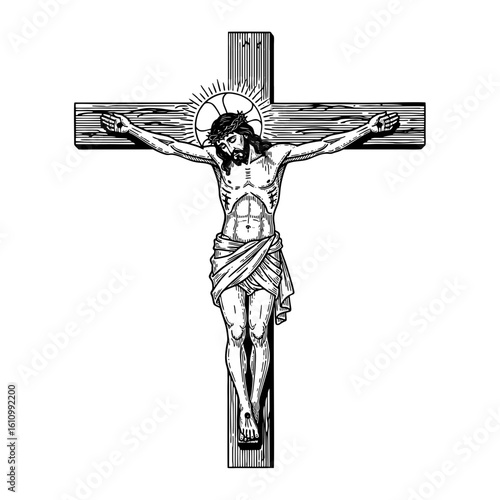A stark, black and white illustration depicts Jesus Christ on the cross, his body emaciated and crowned with thorns, a symbol of sacrifice and faith.