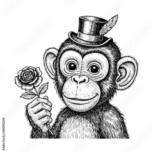 A charming chimpanzee wearing a top hat adorned with a feather, holding a delicate rose in its paw.
